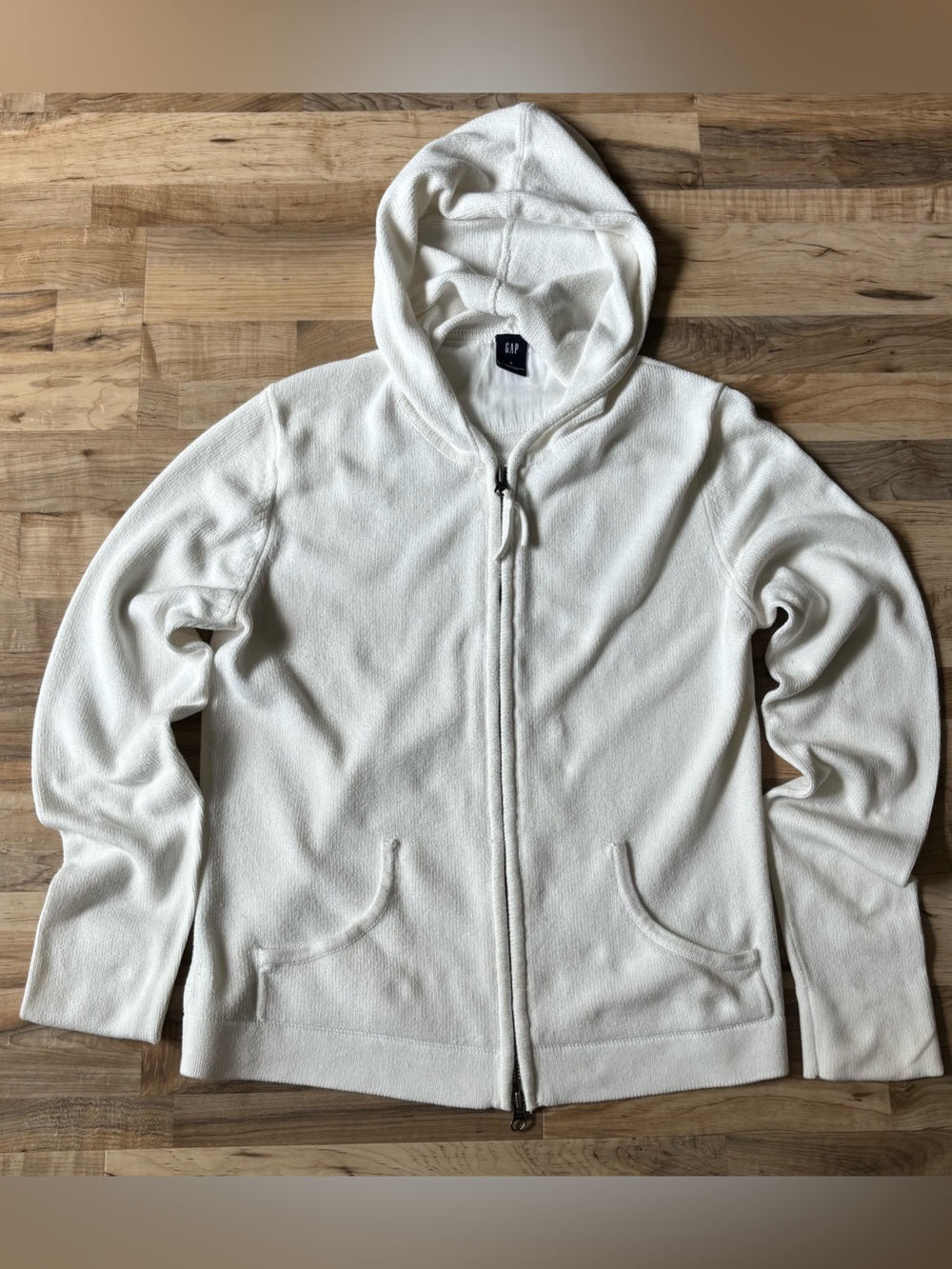 Vintage Y2K GAP Women's White Knit Zip Up Hoodie Sweater L Beachy Coastal